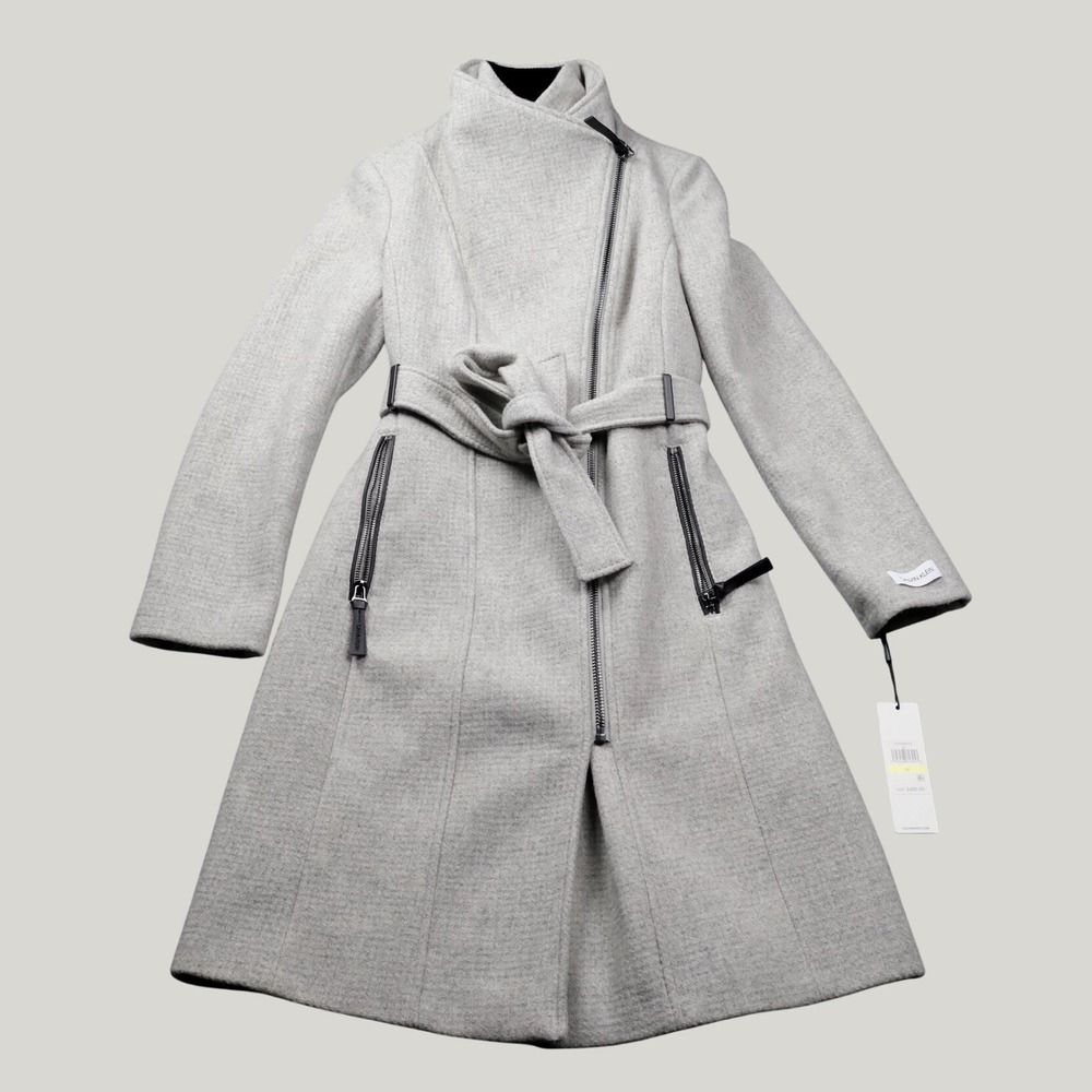 NWT Calvin Klein Asymmetrical Zip Wool Blend Coat Women Grey Belted M CW088043